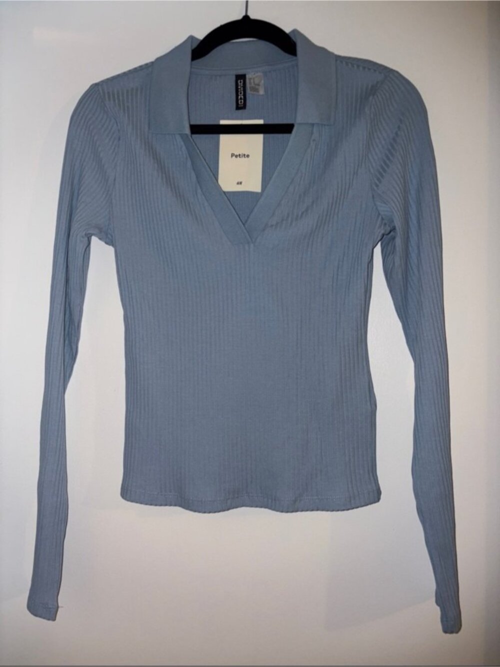 H&M Petite Light Blue Ribbed V-Neck Polo Long Sleeve Top